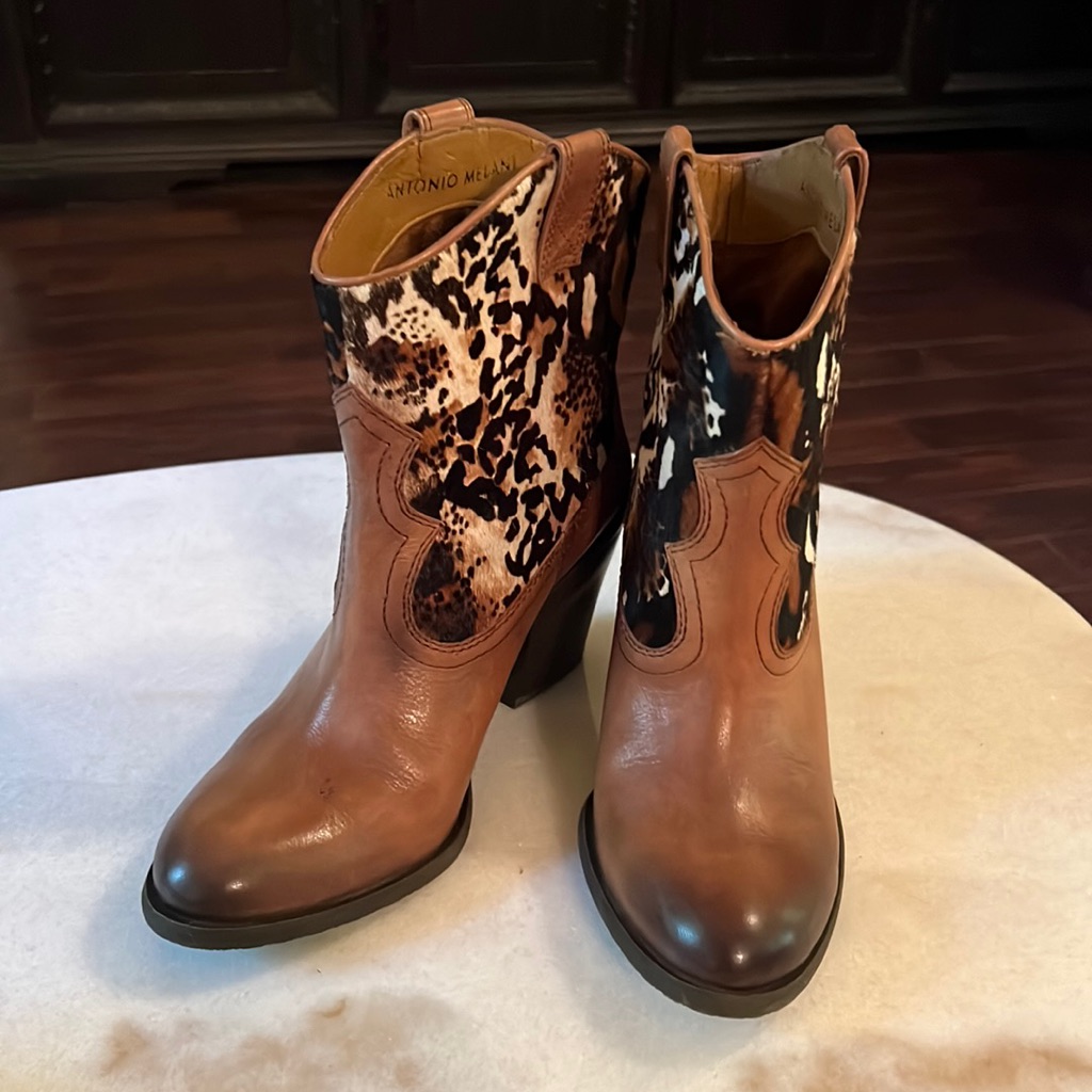 Antonio Melani Leather And Calf Hair Western Boots Size 7.5 Brown